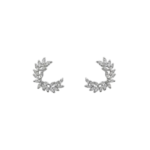 Elegant silver crescent wheat ear studs with micro-paved zircons on a white background