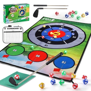 Outdoor golf chipping game set with large target mat, 16 sticky balls, and two golf clubs