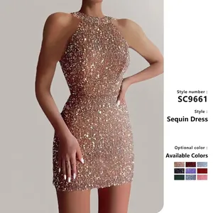 Women's Sexy Halter Neck Sequin Mini Dress Crystal Tassel Bodycon Party Evening Gown Slim Fit Sleeveless Backless Clubwear Dress