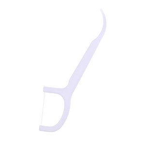 Single white high-tension dental floss pick on a clean white background for oral care
