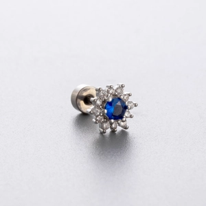 Surgical steel ball stud earring with opal cluster flower design and blue gemstone