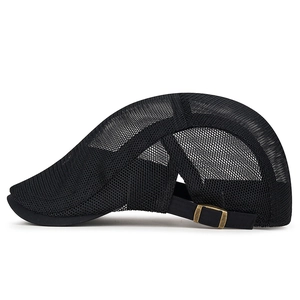 Black breathable full mesh newsboy cap with vintage metal buckle for summer sun protection