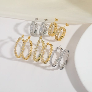 Minimalist C-shape stud earrings with zircon inlay in gold and silver chain designs