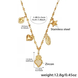 Detail view of 18k gold-plated stainless steel necklace with zircon heart and star charms