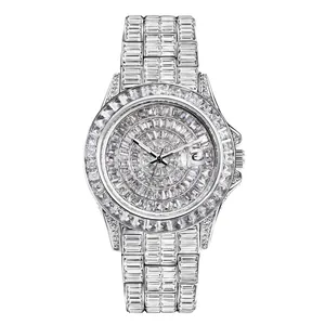 Luxury full diamond encrusted men's silver quartz watch with zircon iced out finish