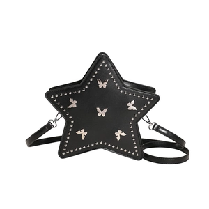 Star-shaped black PU leather backpack with silver rivets and butterfly chain charms