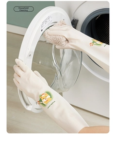 Macro view of long cream cleaning gloves with anti-slip texture and squirrel logo