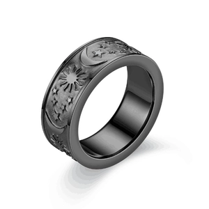 Matte black titanium steel men's ring with engraved sun, moon and star celestial patterns