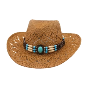 Handwoven straw cowboy beach hat with turquoise bead band and breathable open-work crown
