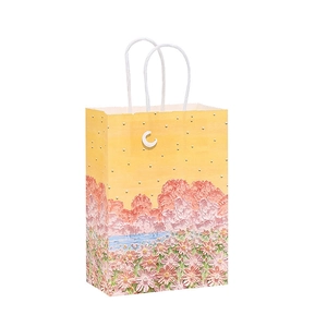 Artistic oil painting kraft paper gift bag with scenic floral print and white handles