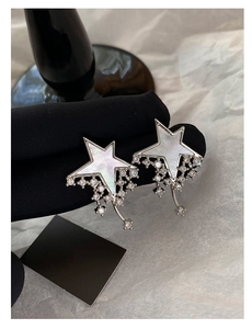 Macro shot of silver shooting star earrings with mother of pearl and cubic zirconia stones