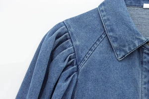 Detailed close-up of denim fabric texture and puff sleeve design with pleated shoulder