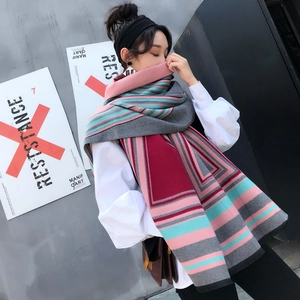 Thick color block winter shawl scarf for women in pink gray and turquoise knit