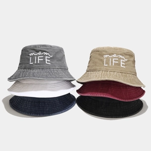 Vintage washed cotton bucket hats for men and women with embroidered mom LIFE logo