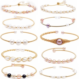Natural Freshwater Pearl Bracelet Gold Plated Woven Wire Wrapped Adjustable Cuff Bangle Elegant Jewelry Women