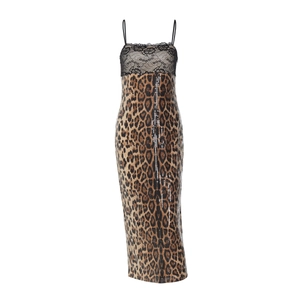 Detail view of leopard print dress featuring black floral lace and shimmering sequins