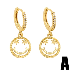 Golden smiley face hoop earrings with star eyes and sparkling zircons for women