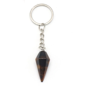 Tiger eye natural stone hexagonal conical crystal keychain with polished metal link ring