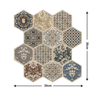 Self-adhesive 3D hexagonal mosaic wall sticker with vintage colorful patterns, 30x30cm