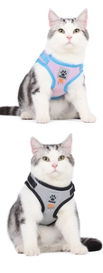 Detail of breathable mesh pet harness with reflective safety strips and metal fasteners