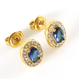 Double layer gold stainless steel stud earrings featuring oval blue zircon and crystals