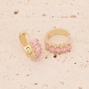 Gold plated hoop earrings with micro-p鑲嵌ed pink rectangular zircon gemstones