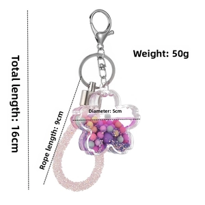Detailed size specifications for pink flower quicksand acrylic keychain with beads