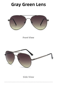 Macro detail of aviator sunglasses featuring dark grey metal frames and gradient lenses