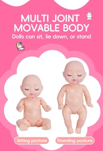 Detail of multi-joint movable doll body showing sitting and standing poses on pink background