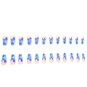 Glossy blue and purple checkerboard laser long ballerina press-on nails set of 24 pieces