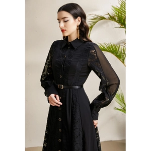 Elegant black long-sleeve dress with lace details, shirt collar, and slim waist belt