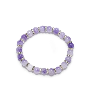 Natural purple agate beaded bracelet with sparkling rhinestone spacers on white background