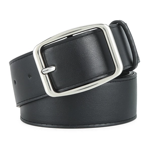 Classic black leather belt with silver rectangular buckle for jeans on white background