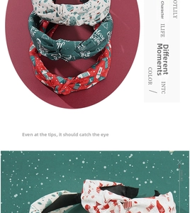 Close-up of knotted Christmas headbands with festive prints and snowflake patterns