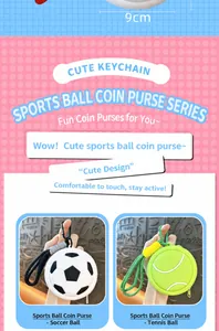 Close-up detail of soccer and tennis ball shaped silicone coin purses with carabiner