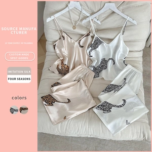 Women Leopard Print Cami Top And Pants Sleepwear Imitation Satin Satin V-Neck Loungewear Nightwear