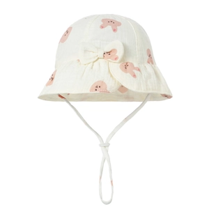 Baby cotton bucket hat with pink bunny print, soft bow detail and adjustable chin strap