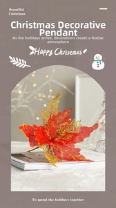 Detail of red velvet Christmas flower with golden sequins for tree decoration