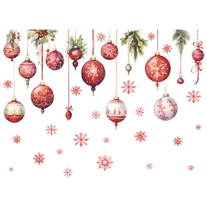 Christmas wall stickers featuring red and white hanging ornaments with snowflakes and pine needles