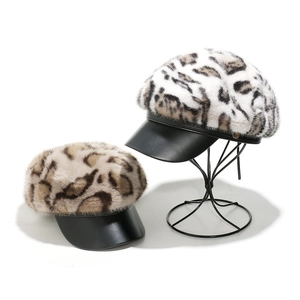 Faux mink leopard print newsboy cap with black PU leather brim in two stylish colors