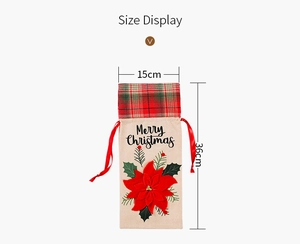 Christmas burlap wine bag featuring poinsettia print and Merry Christmas text, 15x36cm