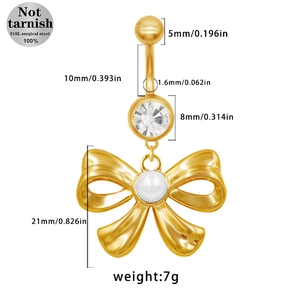 Detailed view of 316L surgical steel belly ring with pearl bow and size measurements