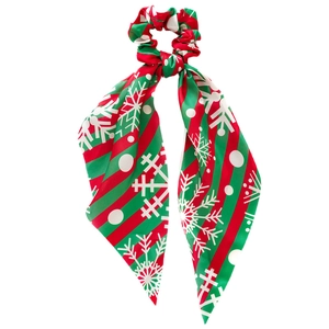 Christmas striped satin scrunchie with long ribbons and white snowflake patterns