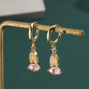 Sparkling cartoon princess earrings with pink and apricot zircons in gold setting
