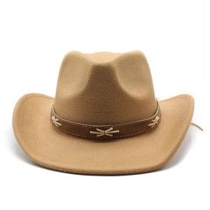 Detail of camel wool western cowboy hat with brown leather band and cross-stitch detail