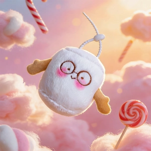 Close-up of white plush marshmallow doll with glasses and wings in a candy clouds scene