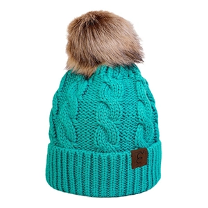 Lake blue cable knit beanie hat with large fluffy brown pompom for men and women
