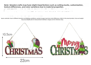 Detail of wooden Merry Christmas signs in red and green buffalo plaid with dimensions