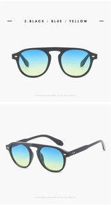 Detail view of black frame sunglasses with blue-yellow gradient lenses and gold accents