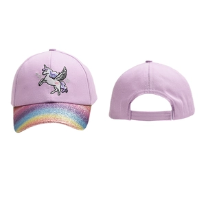 Detailed view of lavender unicorn cap with glitter brim and adjustable back strap